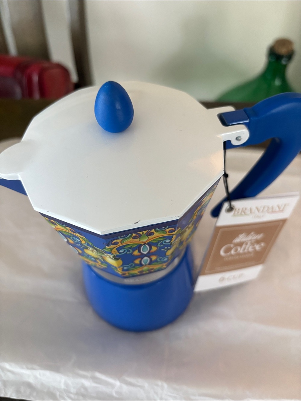 Brandani Italian Style Espresso/coffee/Moka Pot 6 Cup Blue Carpet Design - Picture 5 of 10